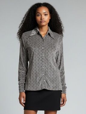 Vintage Silver Gray Zigzag Button-Up Shirt